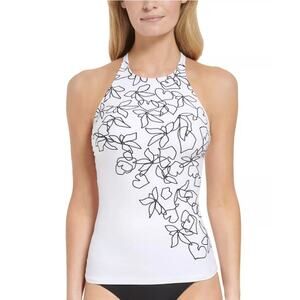 Calvin Klein Women White Printed High-Neck Cross-Back Swim Tankini Top Size XL
